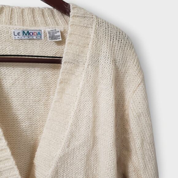 Vtg Le Moda Wool Mohair Cardigan Sweater Cream Sz Medium Preppy Grandma Holiday - Picture 2 of 11